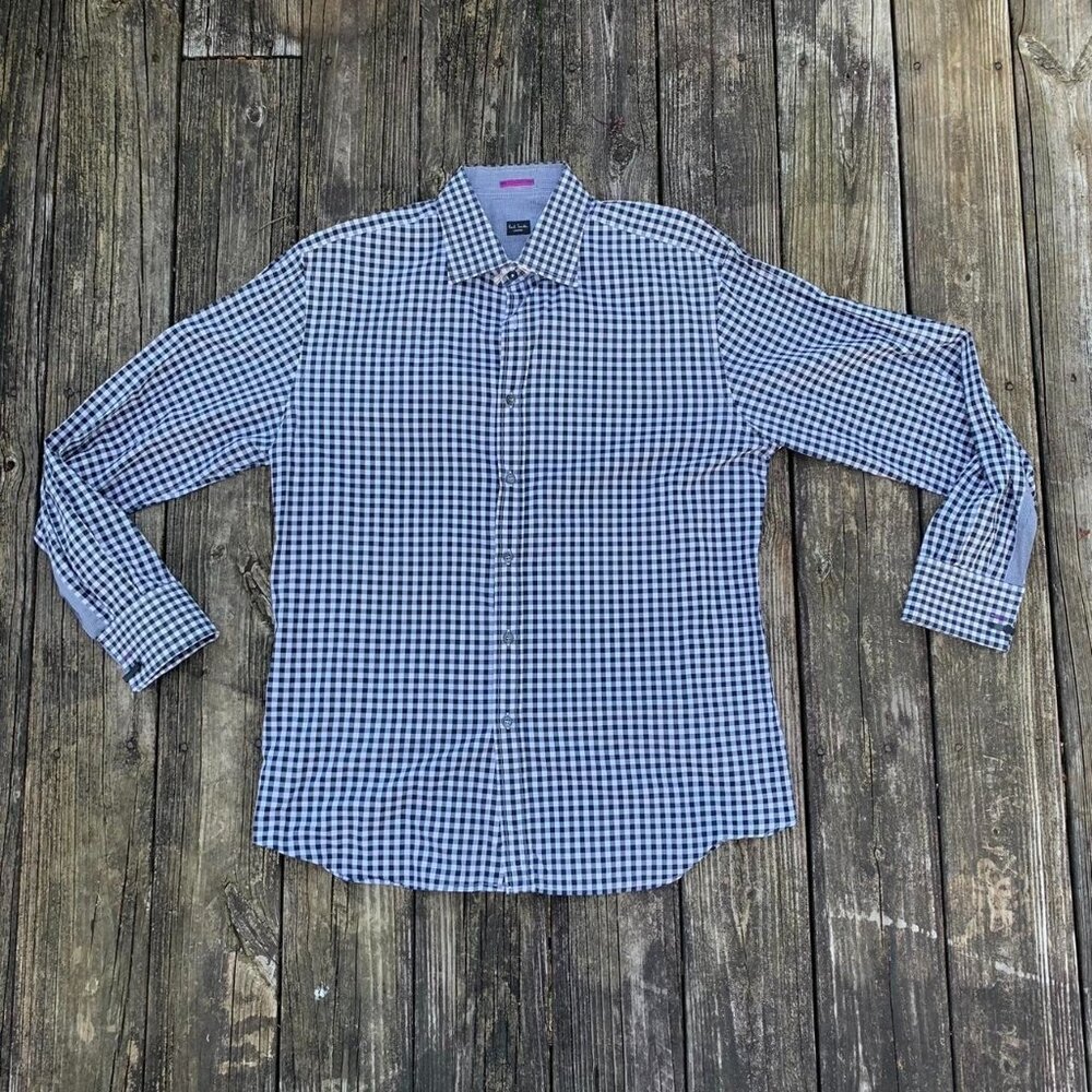 Paul Smith London Navy Checkered Plaid Designer Button Up Italian Cotton